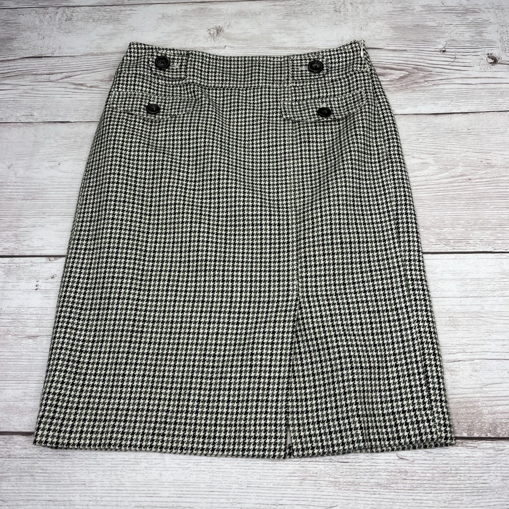 Ann Taylor Houndstooth Women's Pencil Skirt 0 Green Brown Lined Wool Blend EXC